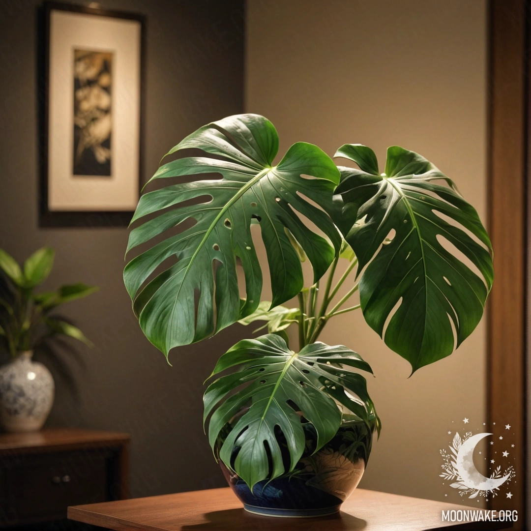 A serene arrangement of monstera leaves in a green Japanese vase at night.