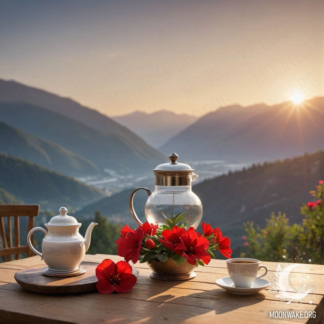 Peaceful Mountain Table Scene A wooden table with a jar of red flowers, a coffee pot, and cups, against a mountain backdrop during sunset.