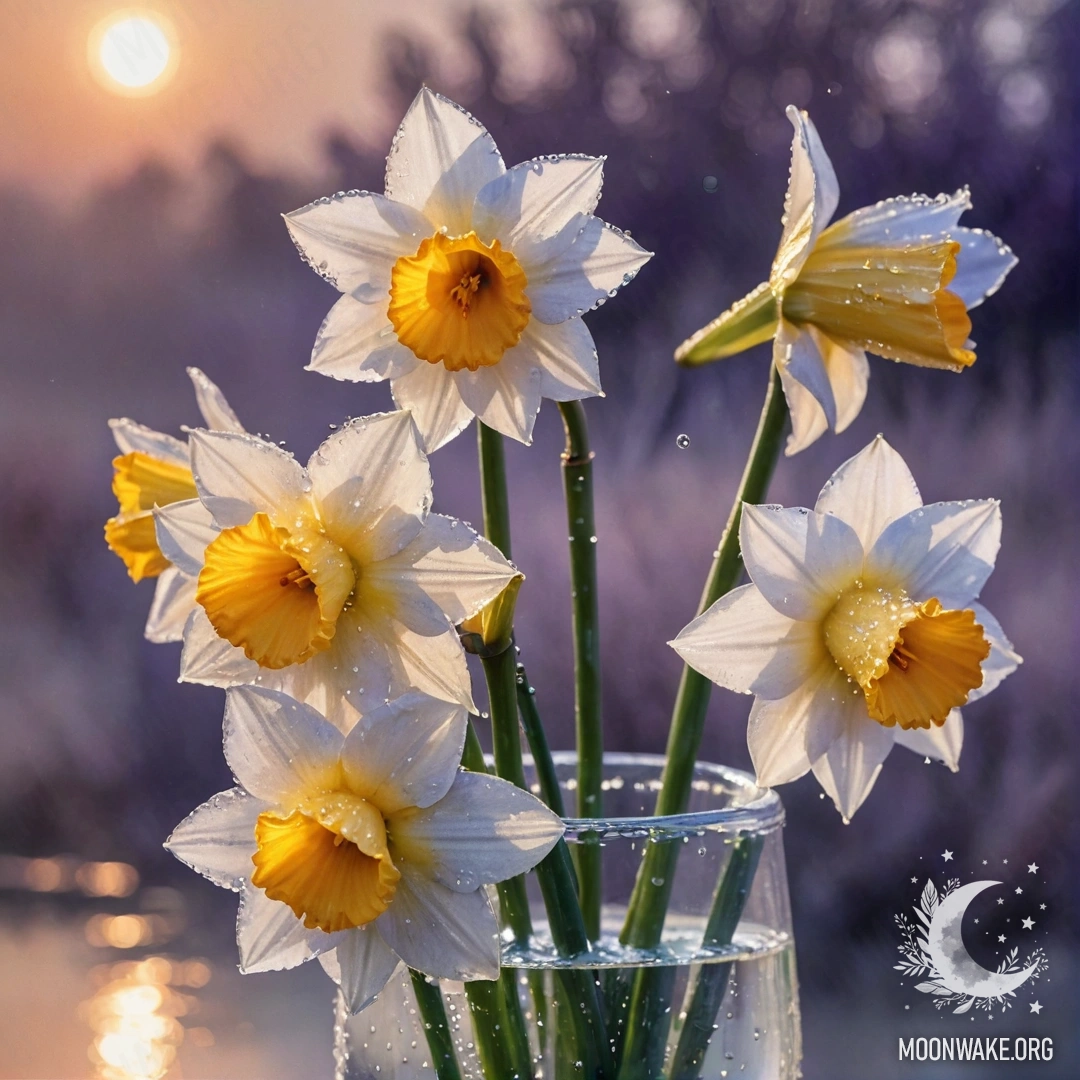 Peaceful Narcissus at Sunset A tranquil image of a narcissus flower with dew drops in a lavender vase at sunset.