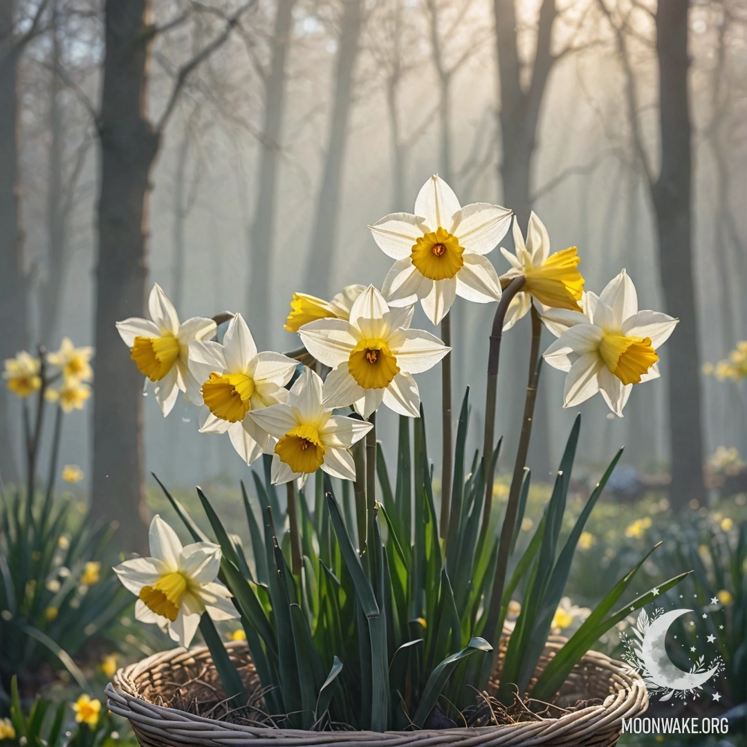 A basket filled with delicate narcissus flowers surrounded by fog and soft sunlight.