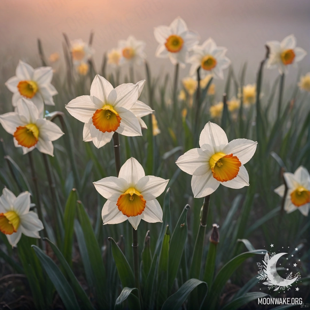 Peaceful Narcissus in Fog at Sunset A serene narcissus flower fading into the fog at sunset with red hues.