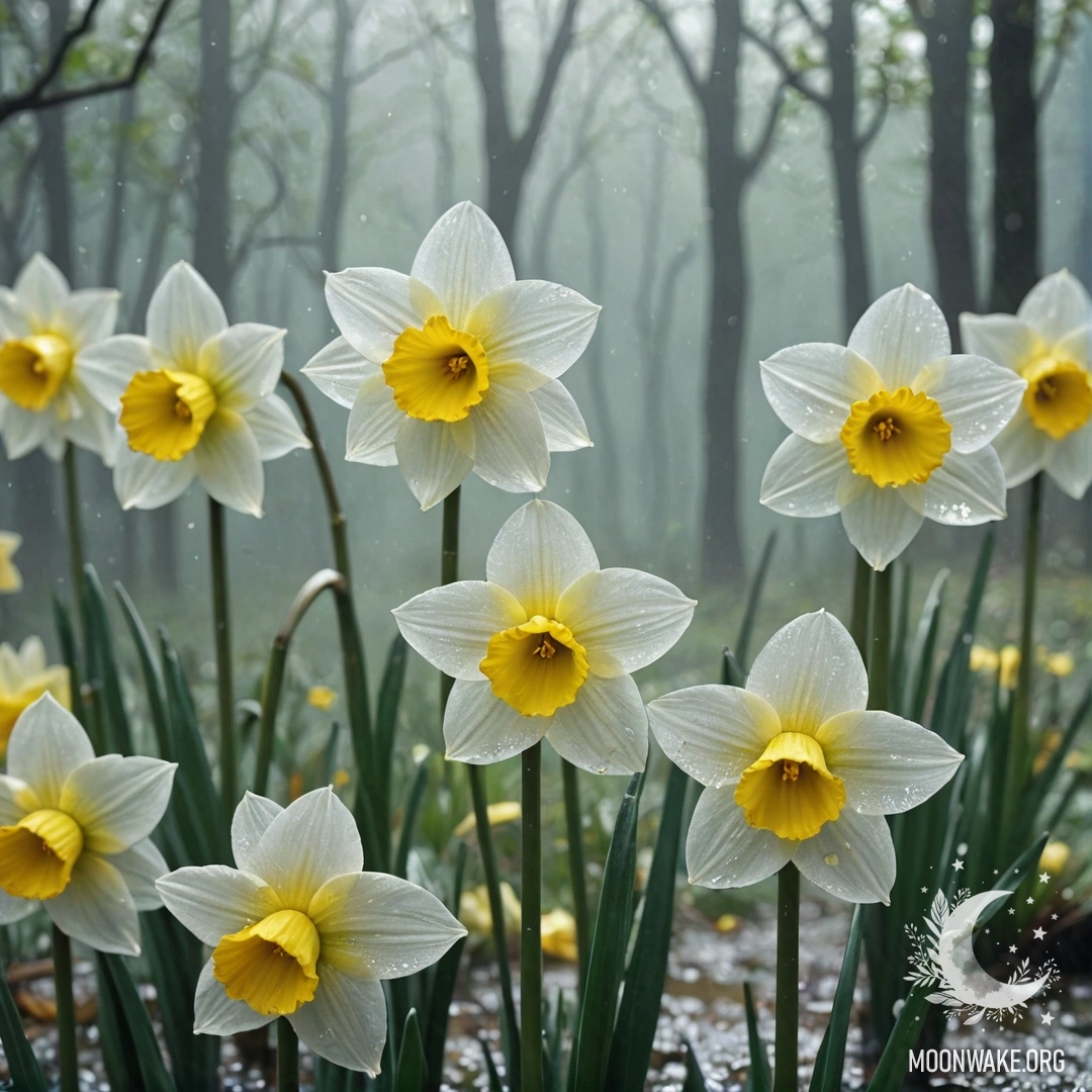 A lime-colored narcissus flower surrounded by fog and glitter.