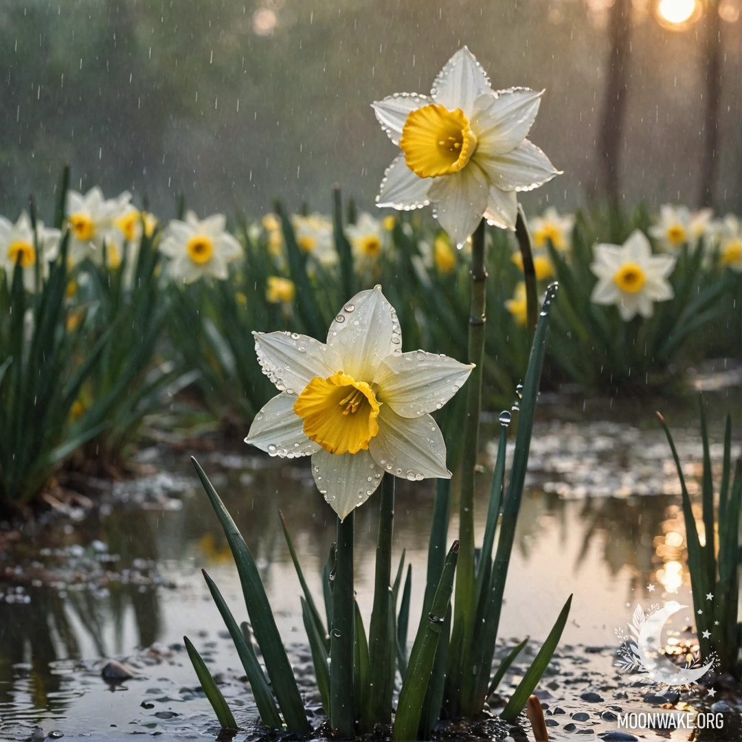A serene narcissus flower enveloped in mist, glistening with rain at sunset.