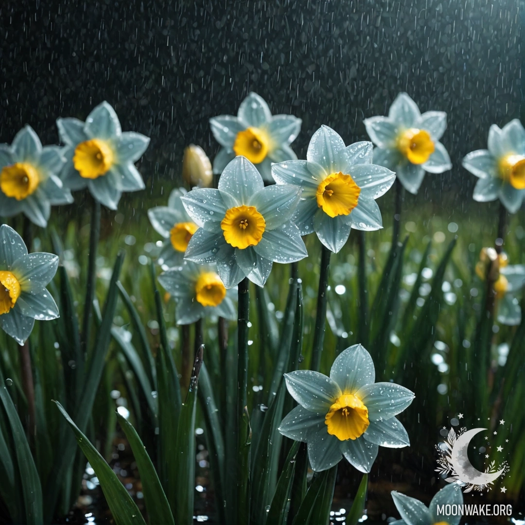 Peaceful Narcissus in Misty Rain A serene narcissus flower in the mist, surrounded by rain at night.