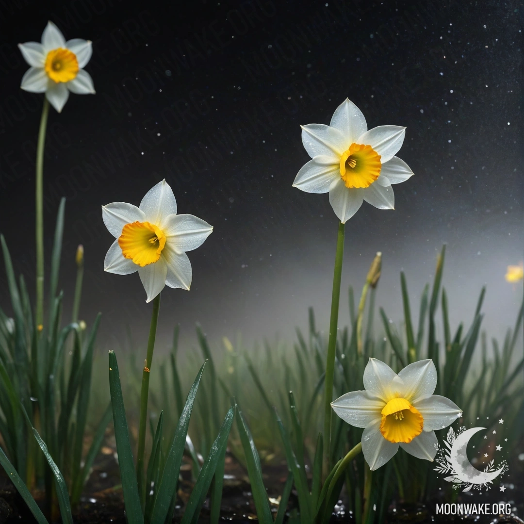 A golden narcissus flower in a foggy night setting adorned with glitter.