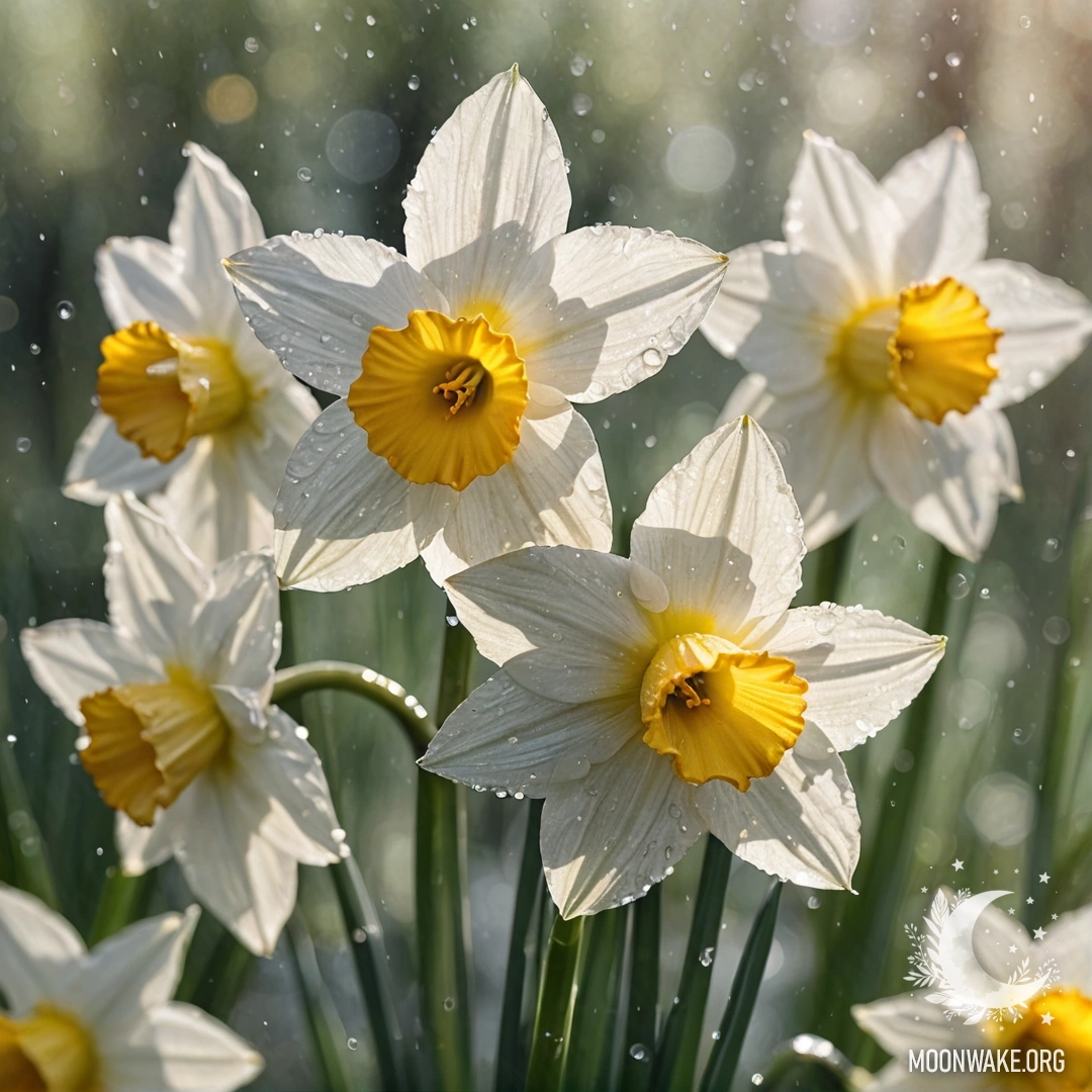 Peaceful Narcissus with Dew Drops A peaceful narcissus flower adorned with dew drops, glistening in the sunlight.