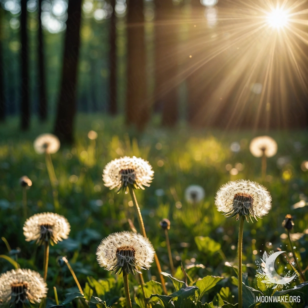 Peaceful Night Field of Dandelions Close-up of dandelions in a peaceful field with a bokeh forest behind.