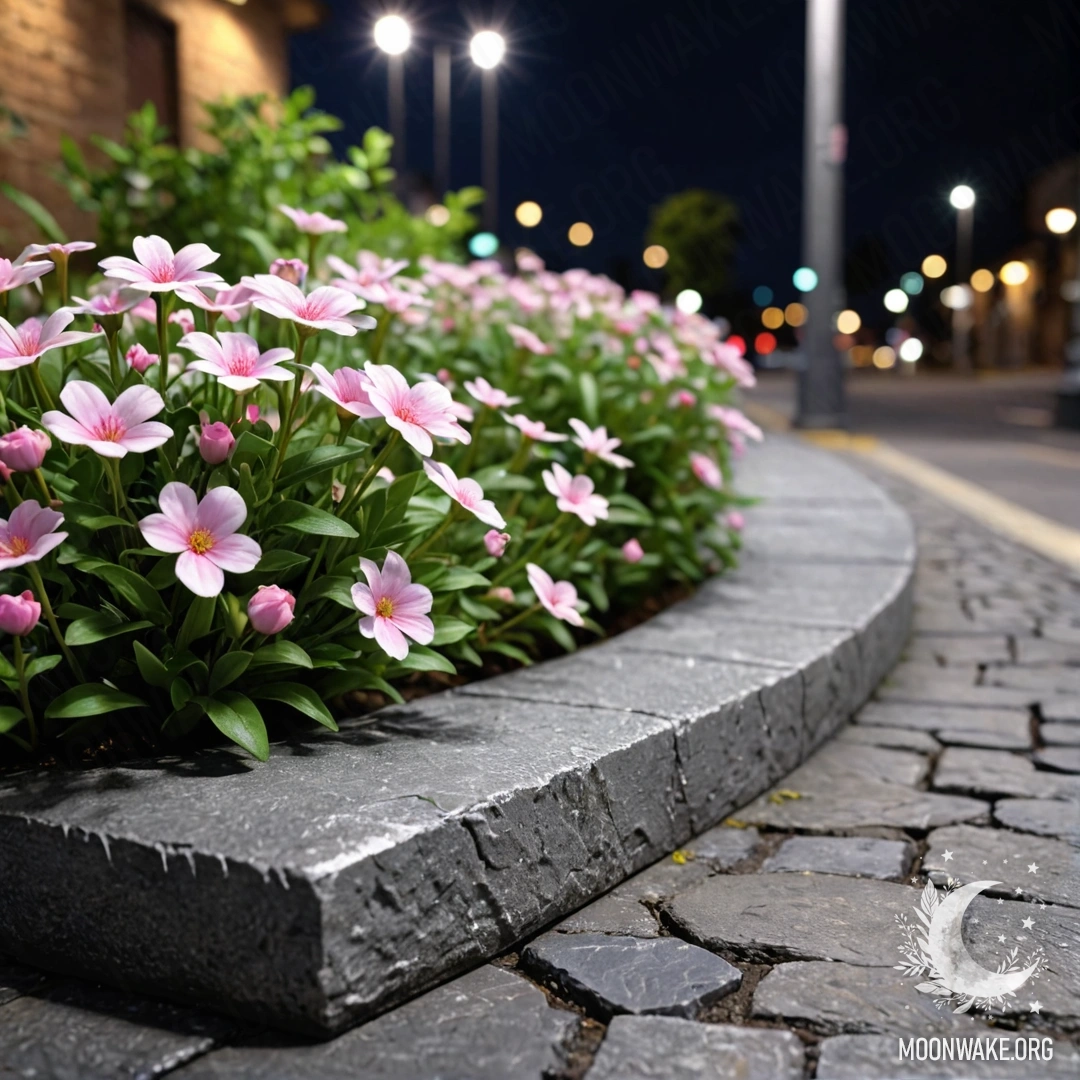 A shabby stone curb with small white and pink flowers growing at night.