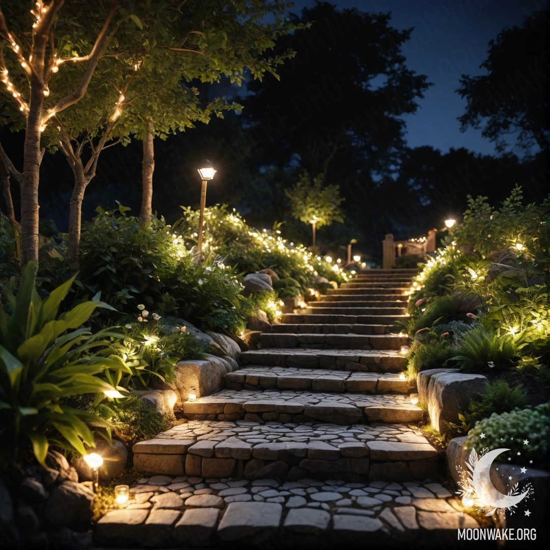 A photorealistic image of a peaceful garden at night, featuring light garlands, a stone garden path, and a wooden staircase.