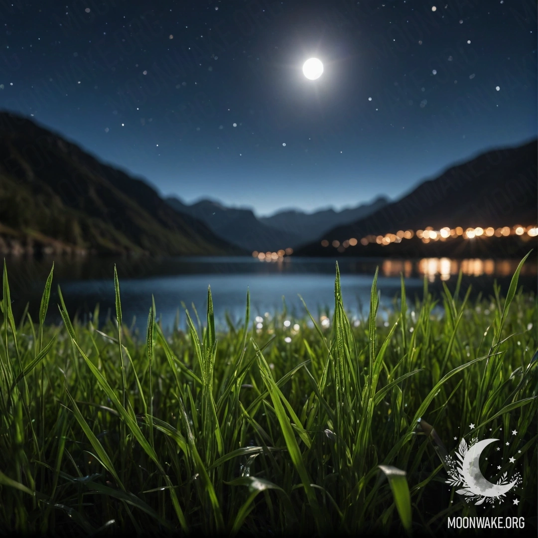 Close-up of grass in a peaceful field against a blurred lake and mountains at night.