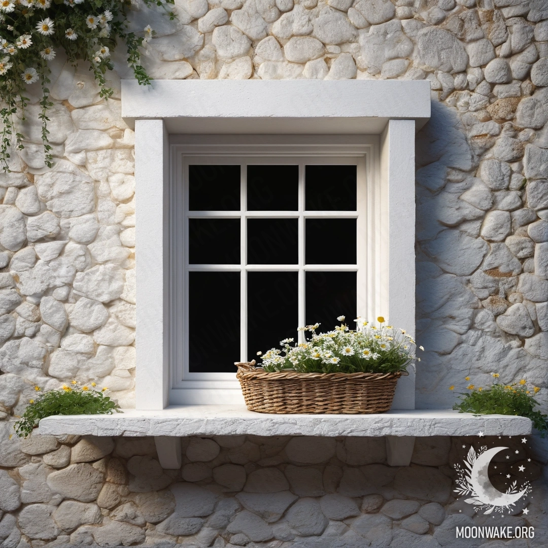 A serene scene featuring a white stone wall with an open window, a basket of daisies rests on the windowsill against the backdrop of a night sky.