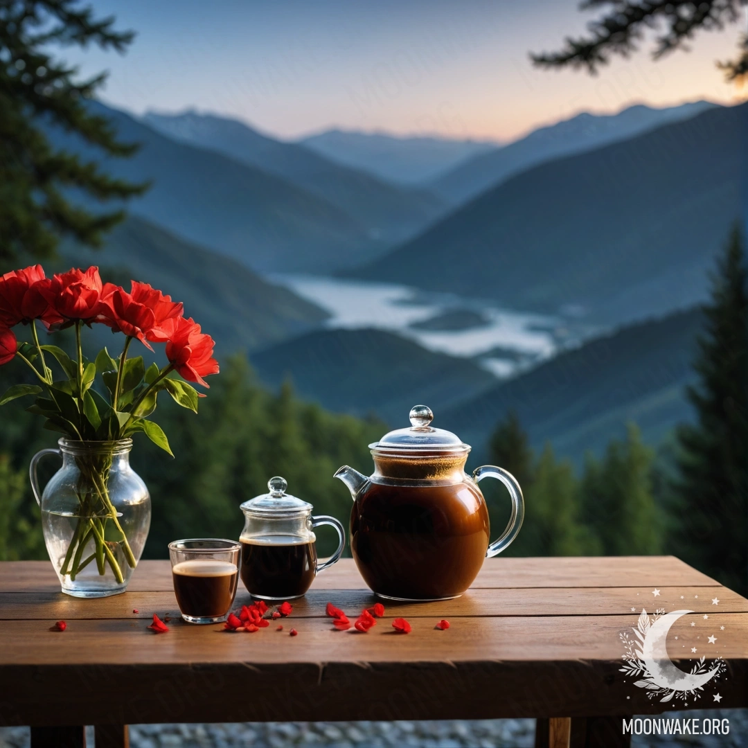 A wooden table at night with a jar of red flowers, a coffee pot, and cups, against a backdrop of mountains.