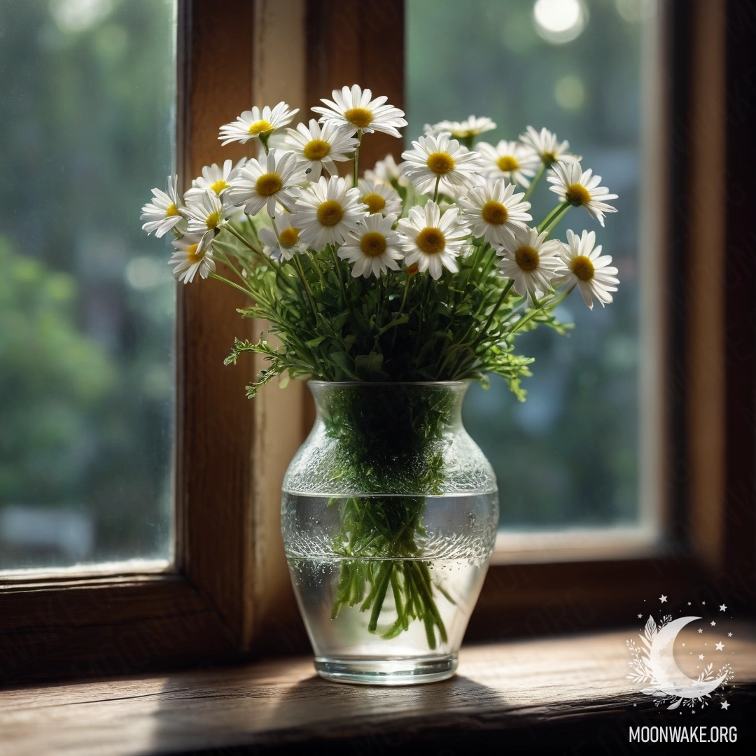 A glass vase with daisies on a wooden vintage windowsill at night.