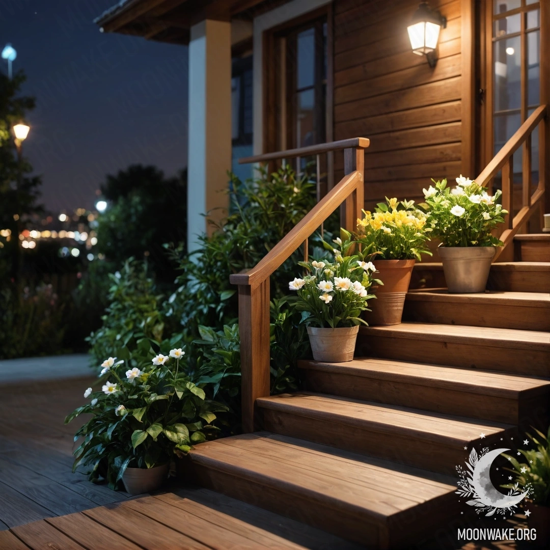 Peaceful Night on a Wooden Staircase A serene wooden staircase adorned with flowerpots at night.