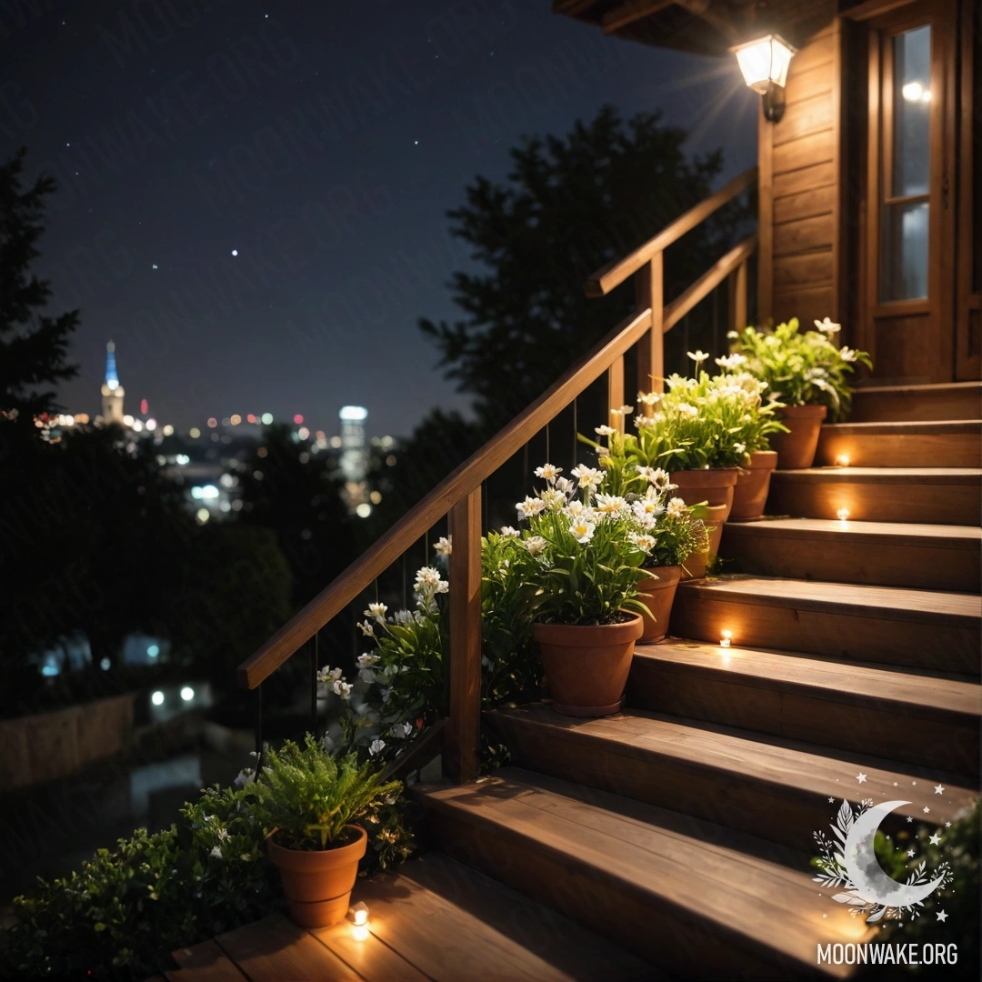 A tranquil wooden staircase adorned with flowerpots at night.