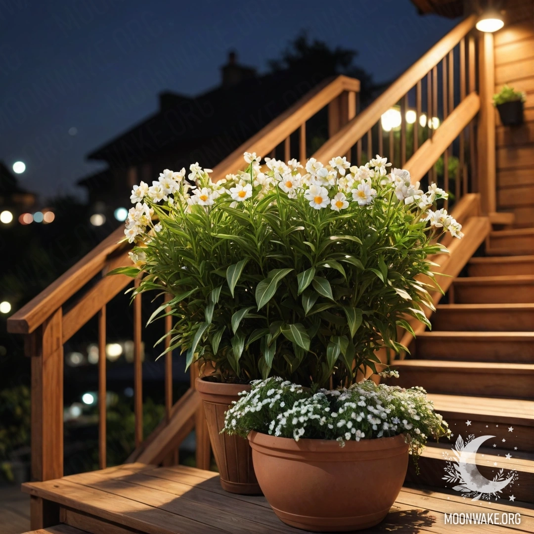 A wooden staircase adorned with flowerpots at night, creating a serene atmosphere.