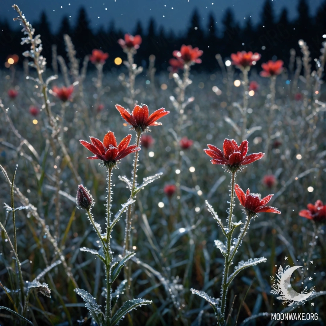 Peaceful Nighttime Wildflowers A serene scene of wildflowers covered in frost at night, glimmering with red sequins.