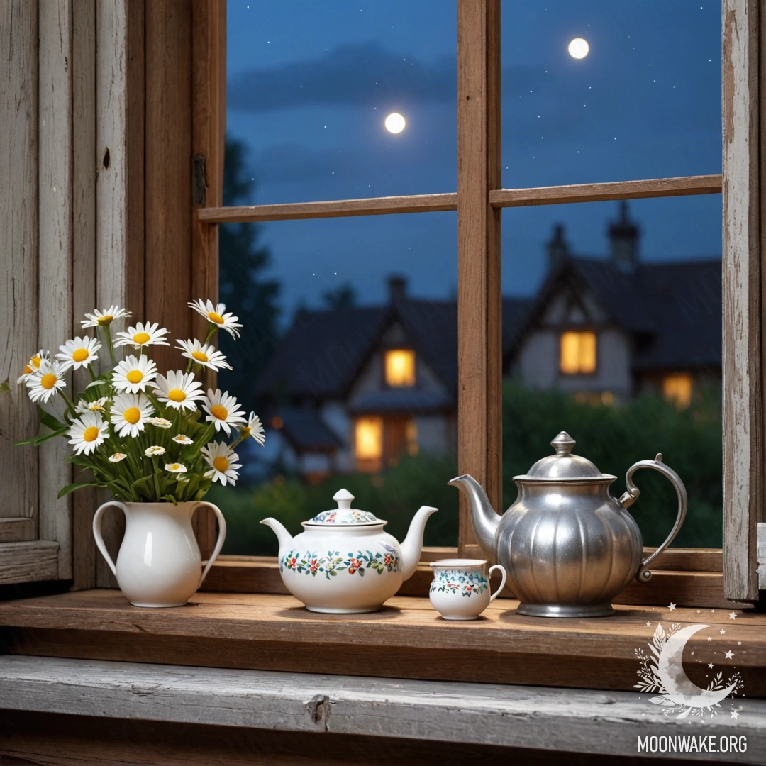 A metal teapot with patterns and daisies on a shabby wooden window sill at night.
