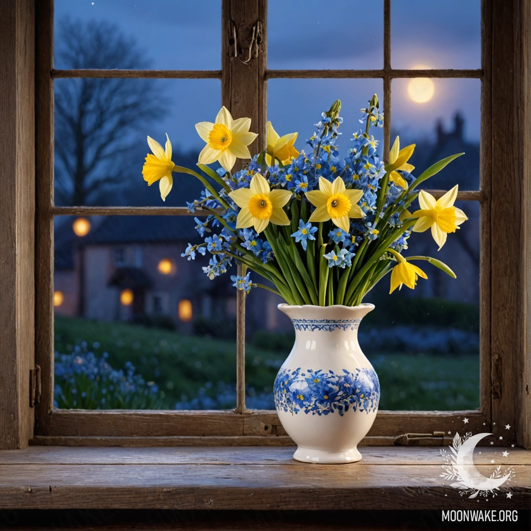 A weathered wooden window sill at night with a porcelain vase holding daffodils and forget-me-nots.