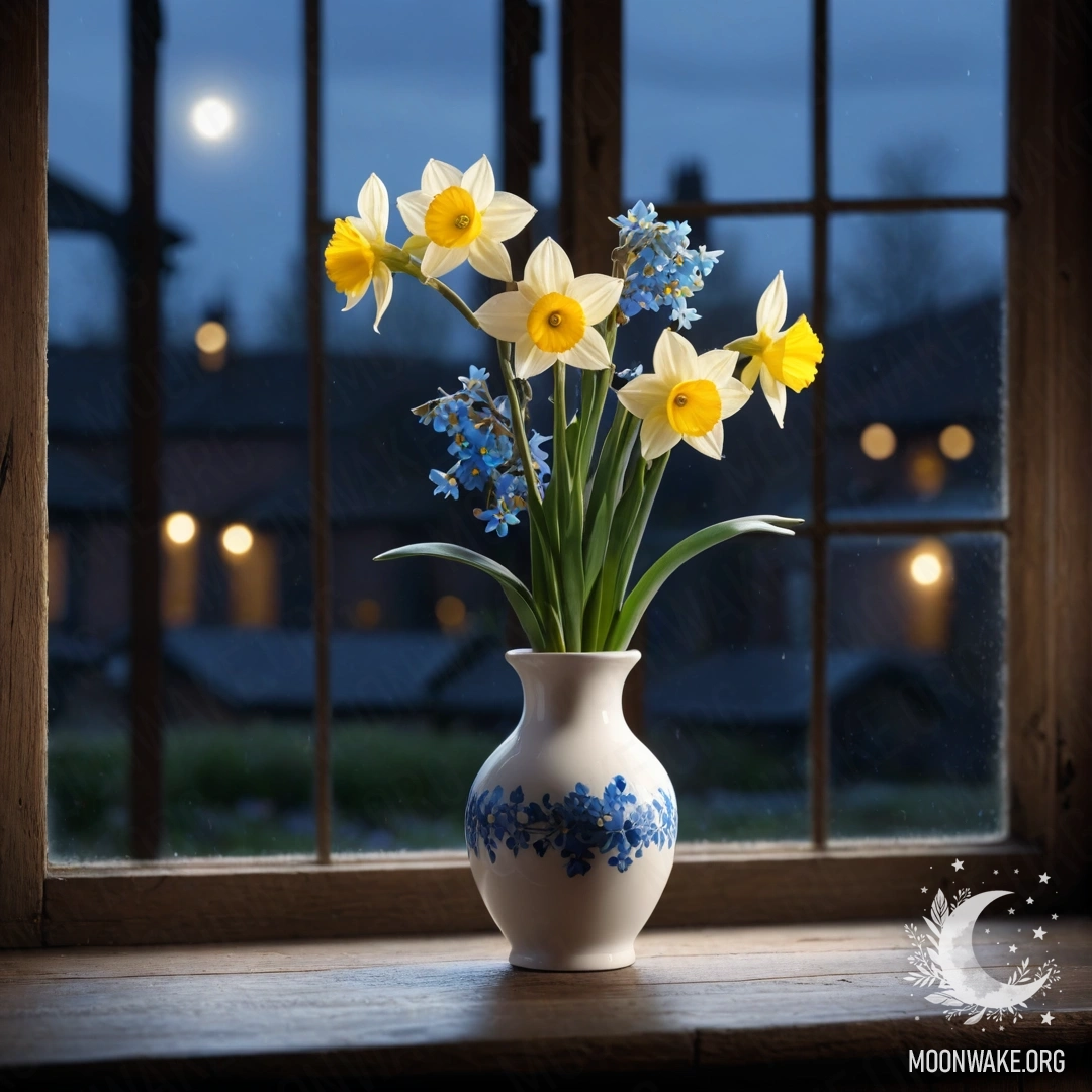 A close-up of a shabby wooden window sill with a white vase holding daffodils and forget-me-nots at night.
