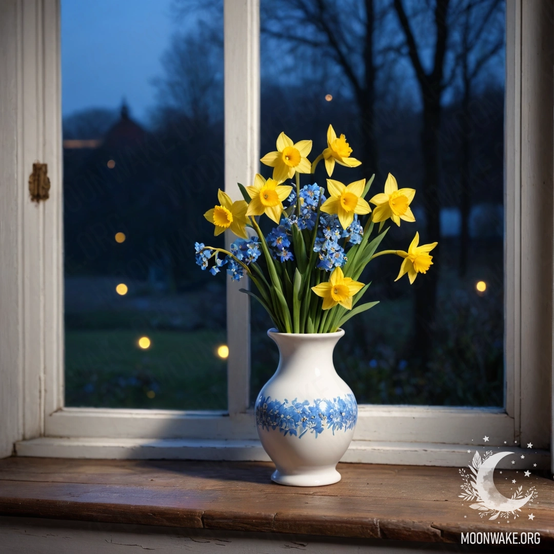 A close-up of an old wooden window sill with a white porcelain vase containing daffodils and forget-me-nots against a night background.