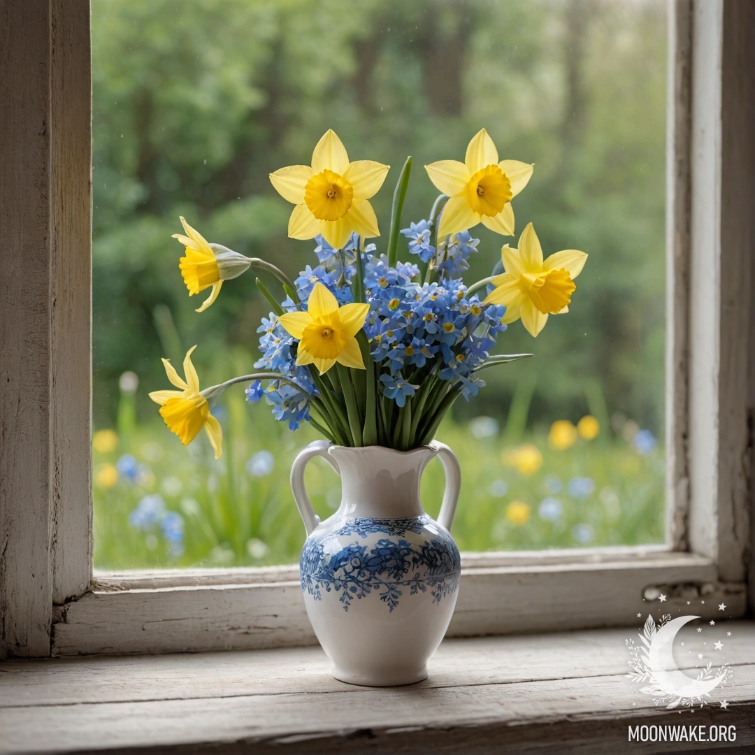 A weathered wooden window sill adorned with a white porcelain vase filled with daffodils and forget-me-nots.