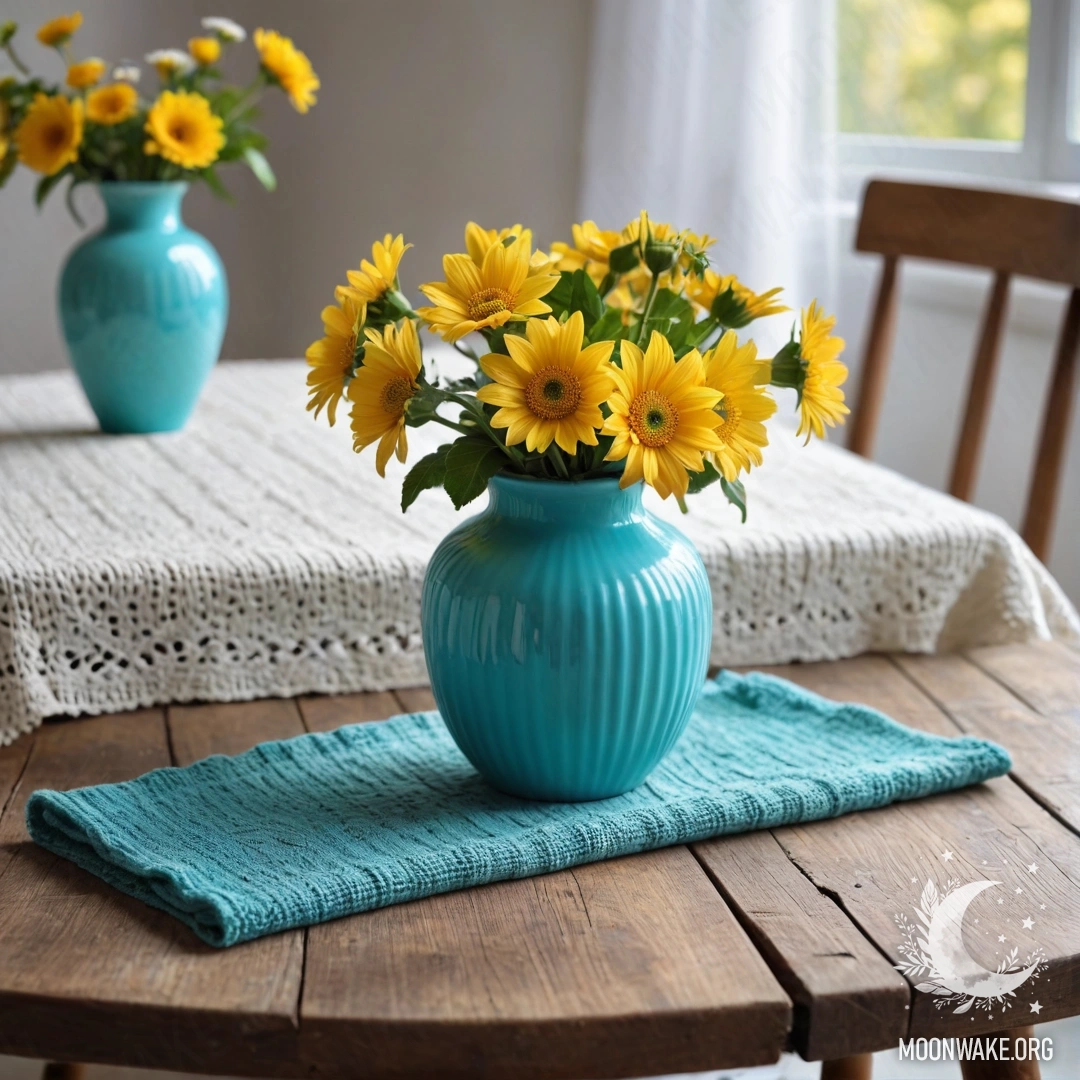 Peaceful Old Wooden Table with Flowers An old shabby wooden table with a white knitted tablecloth and a turquoise vase filled with yellow flowers.