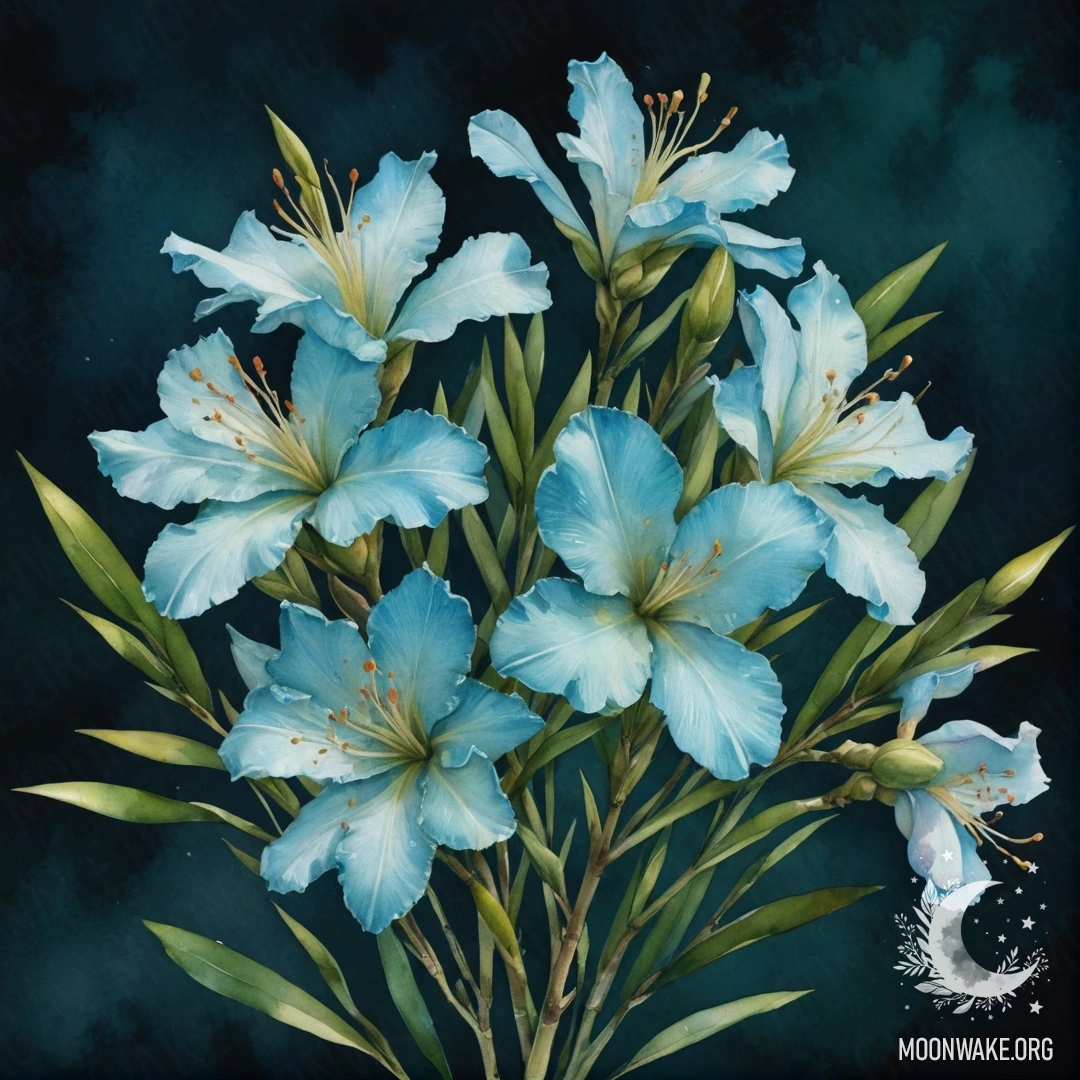 A serene bouquet of oleander flowers in greenish-blue tones, painted in watercolor.