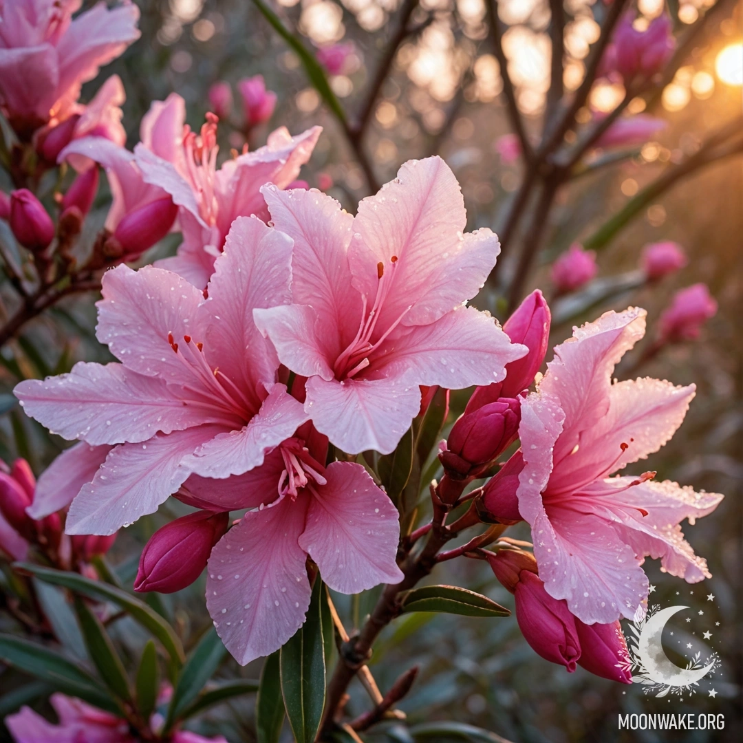 Peaceful Oleander in Frost at Sunset A frosted oleander at sunset, showcasing fuchsia colors in a serene setting.