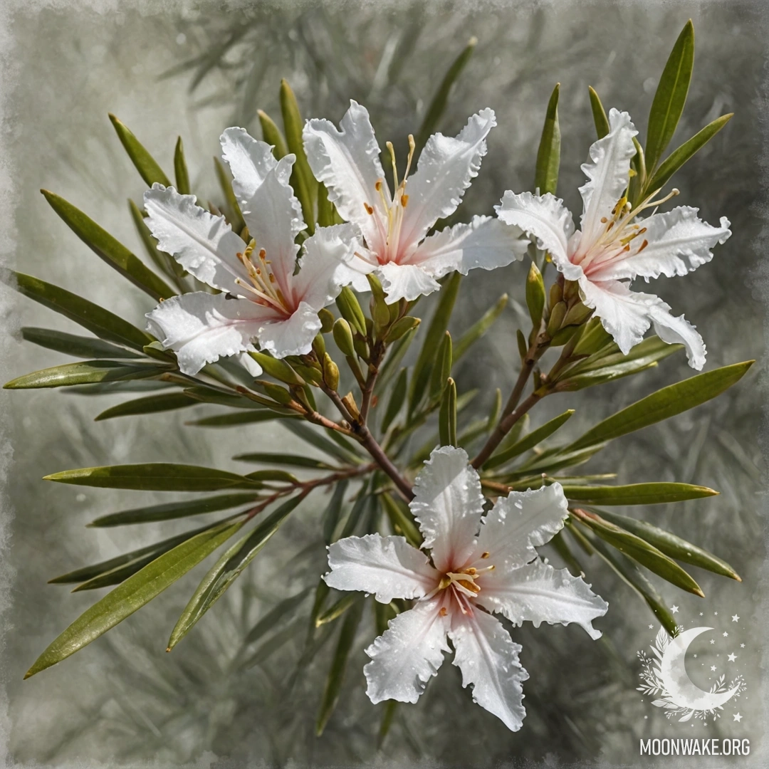 A peaceful oleander plant adorned with intricate frost patterns.