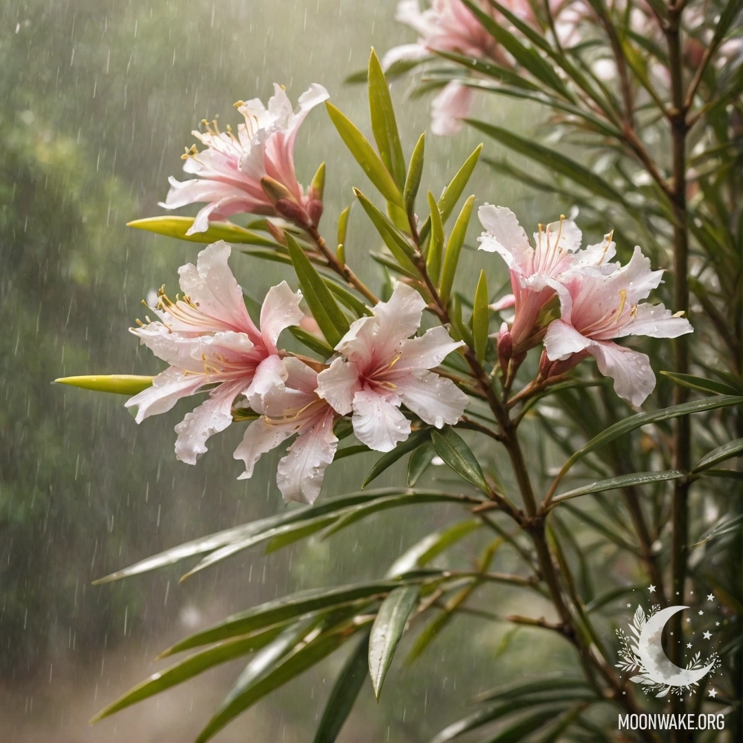 A delicate oleander flower surrounded by mist and rain, illuminated by golden rays.