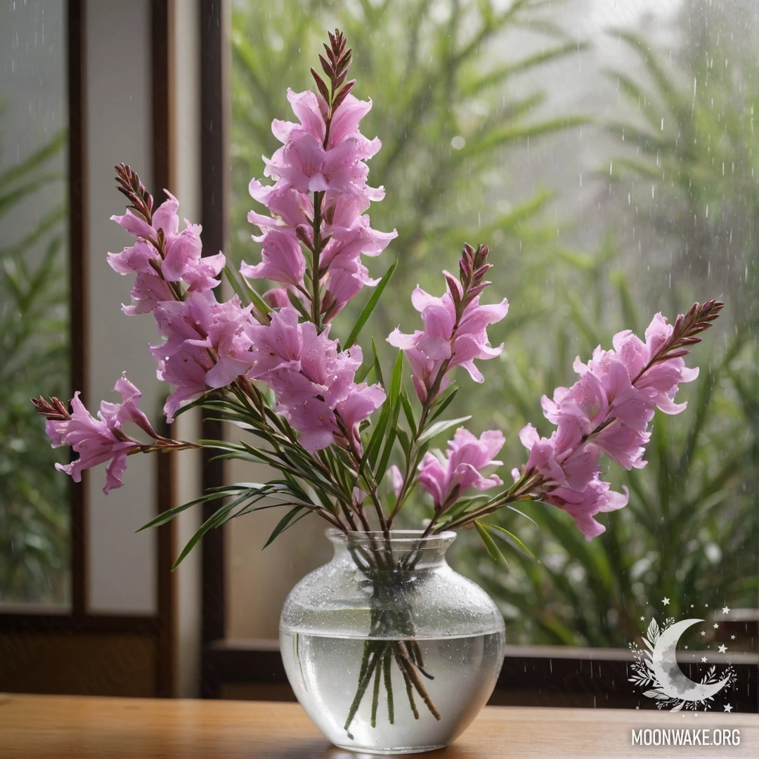 A peaceful oleander in a vase under the rain and mist with sunlight filtering through.