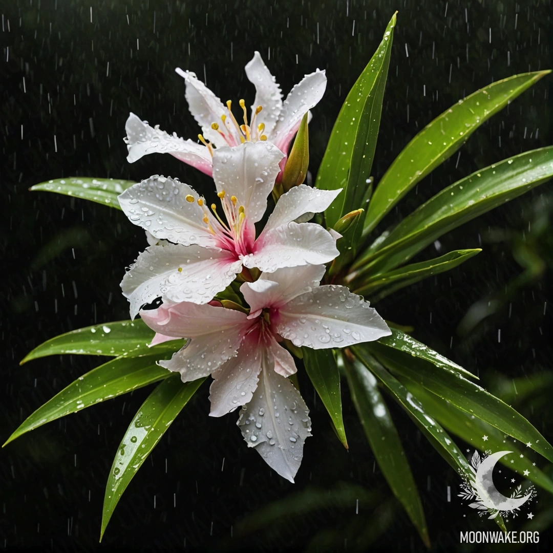 A serene oleander blooming under the rain at night, adorned with lime sequins.