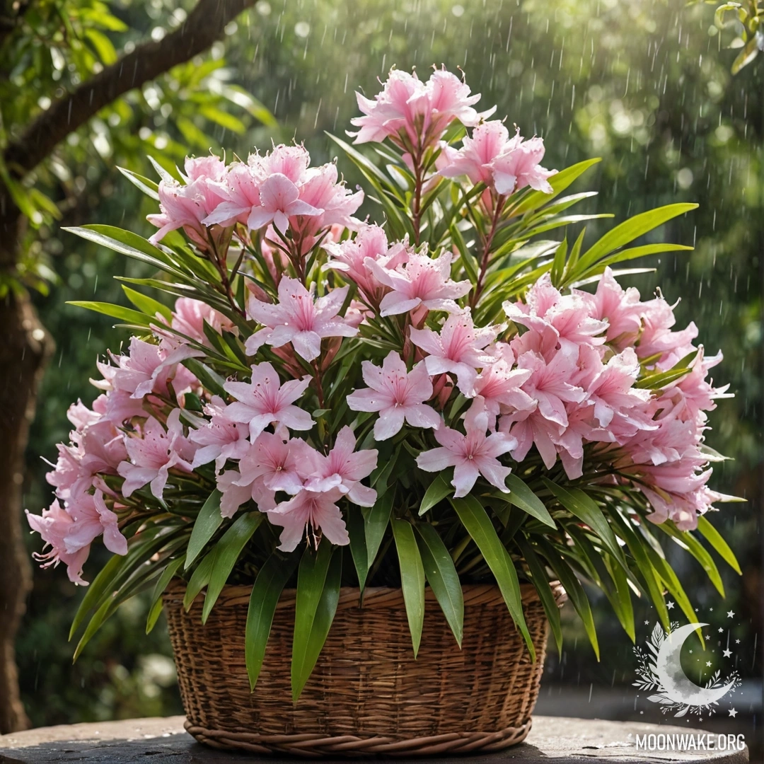 A serene oleander flower in a basket, caught in the rain with bright sunlight shining through.
