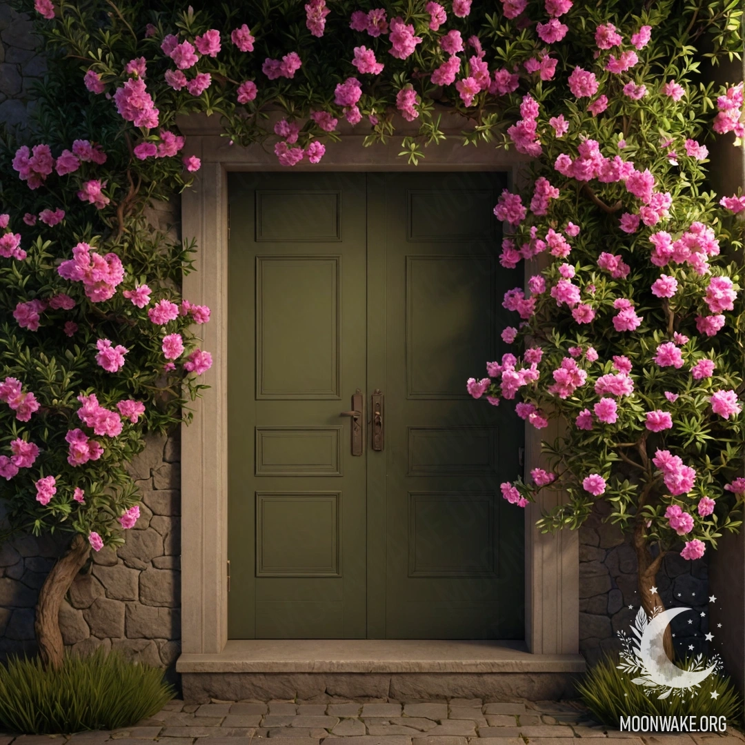 Serene Olive Door Under a Blossom Tree A peaceful olive door with a tree full of pink flowers above, set against a night sky.
