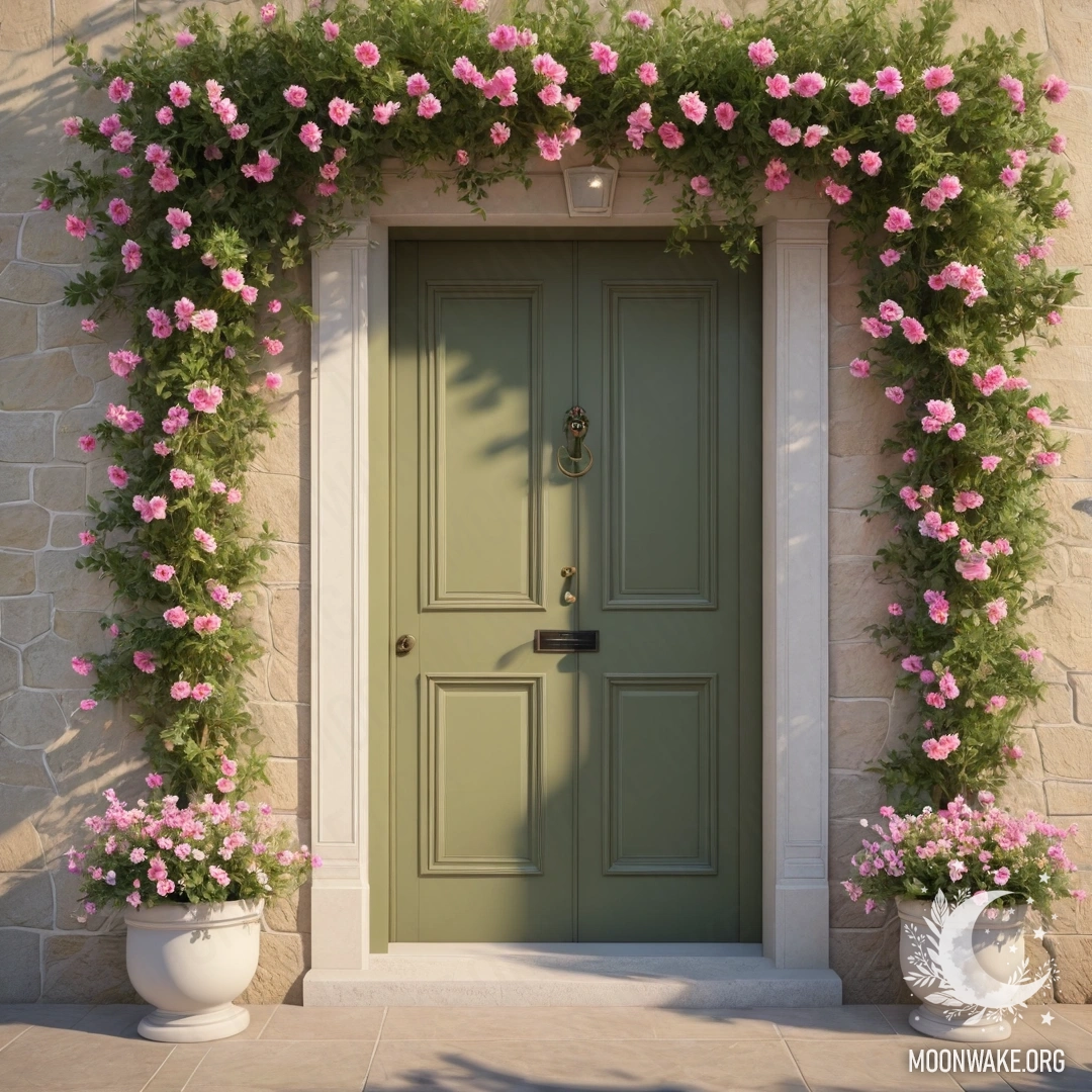 A peaceful olive door under a tree adorned with pink flowers and lights.