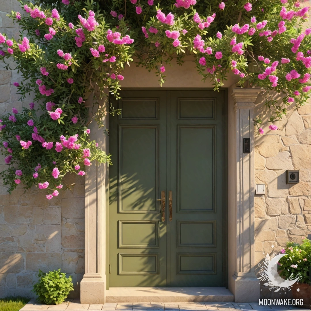 Peaceful Olive Door with Pink Blossoms A photorealistic depiction of a peaceful olive door beneath a blooming tree adorned with pink flowers and gentle sun rays.