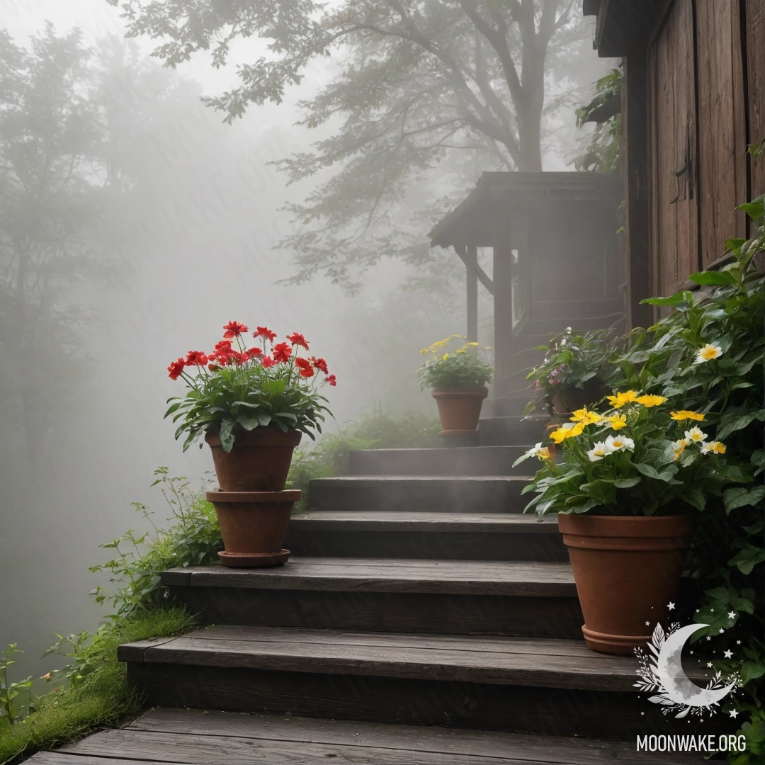 A peaceful wooden staircase surrounded by flowerpots in dense fog.