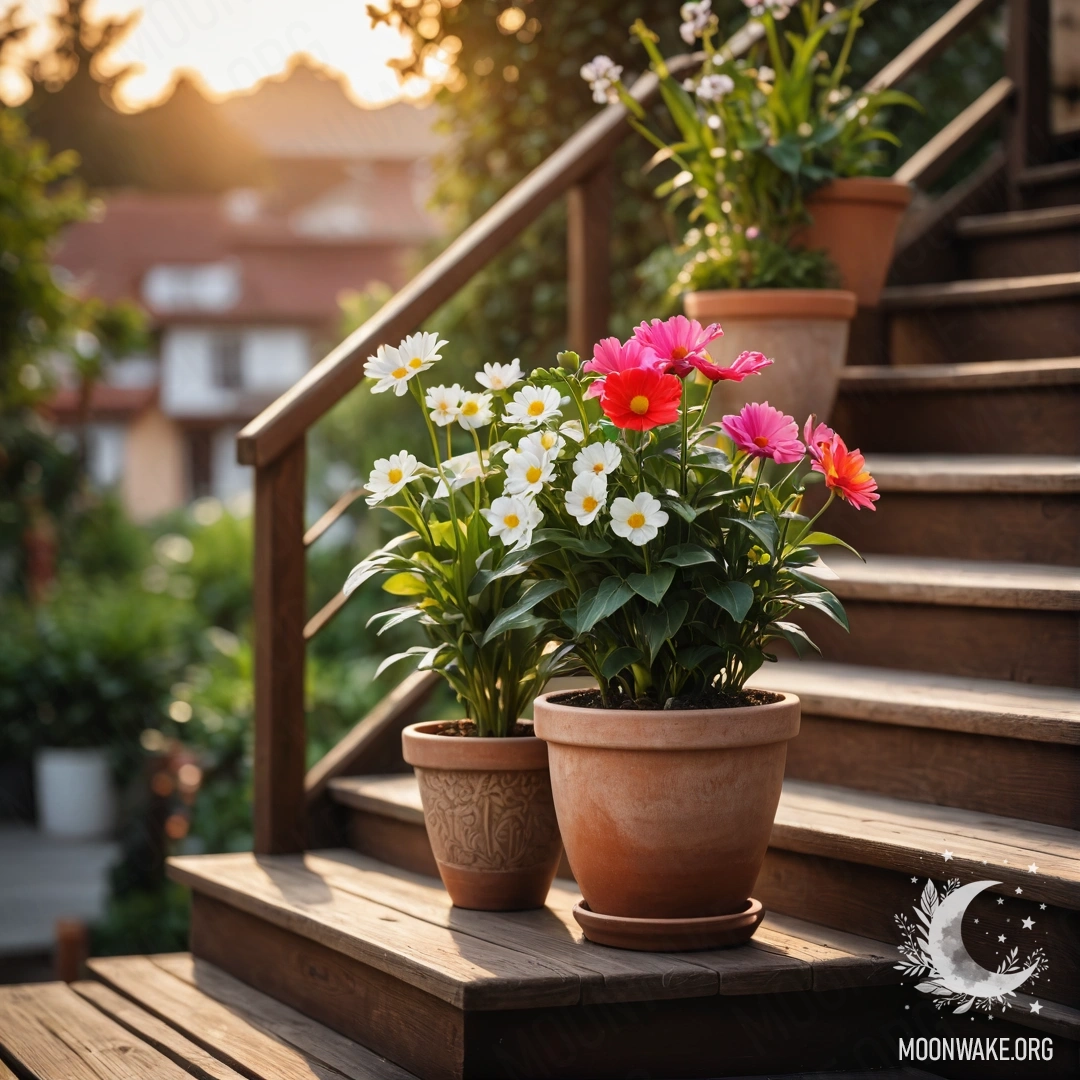 A wooden staircase adorned with flowerpots during sunset.