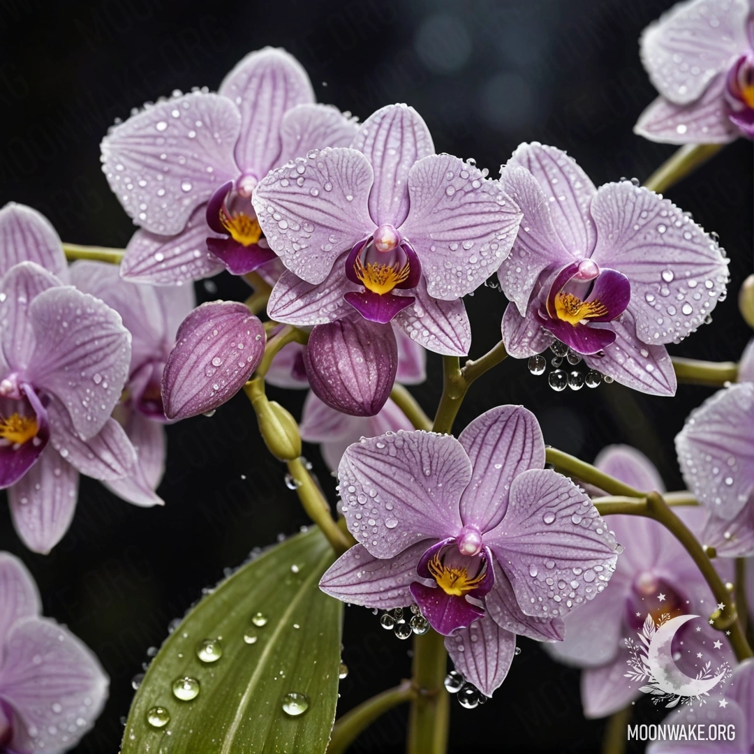 A serene orchid adorned with dewdrops, set against a dark background.