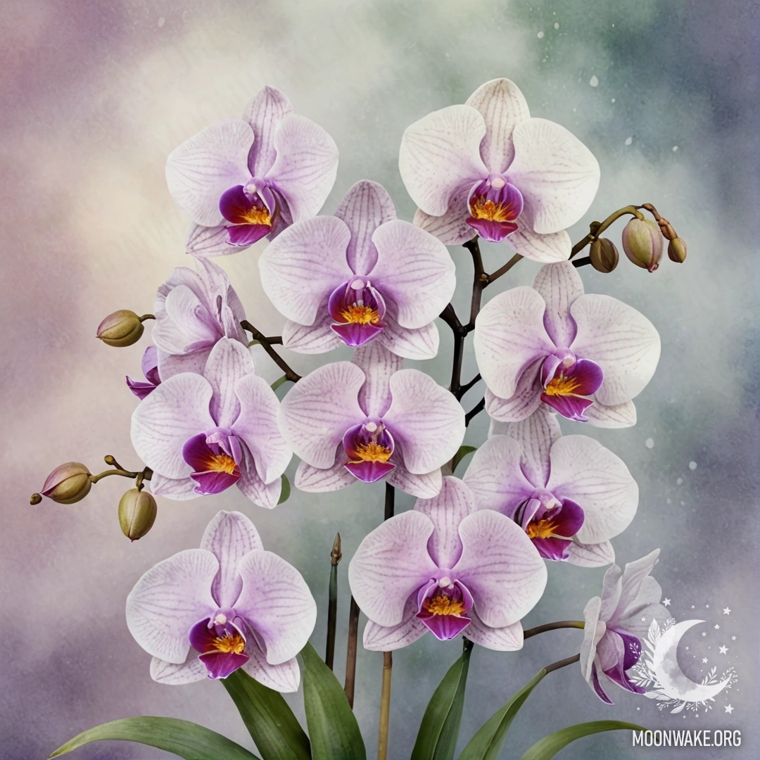 A serene watercolor painting of a bouquet of orchids in pastel colors surrounded by mist.