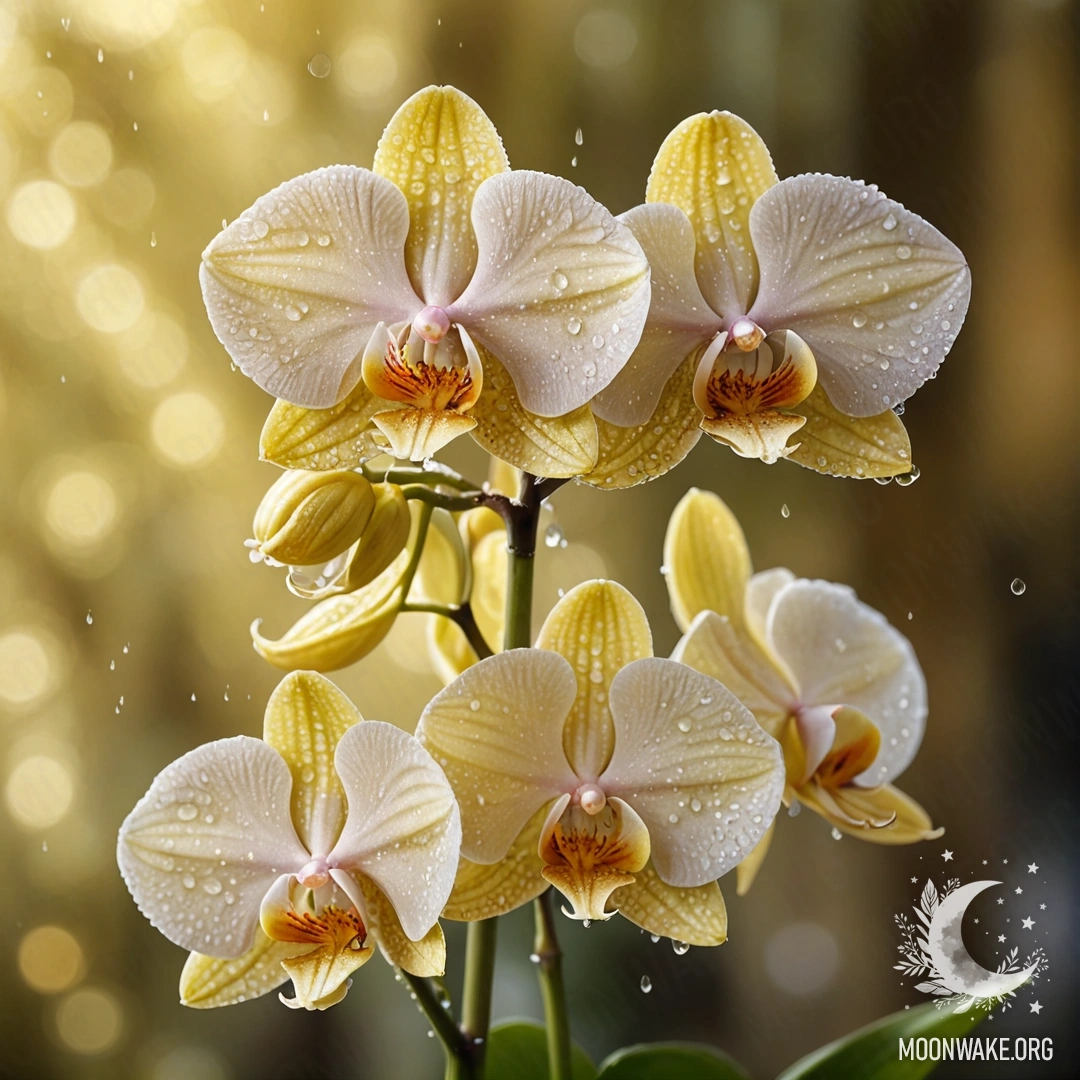 Serene Orchid Bouquet with Dew Drops A peaceful bouquet of cream yellow orchids adorned with dew drops, illuminated by soft sunny rays.