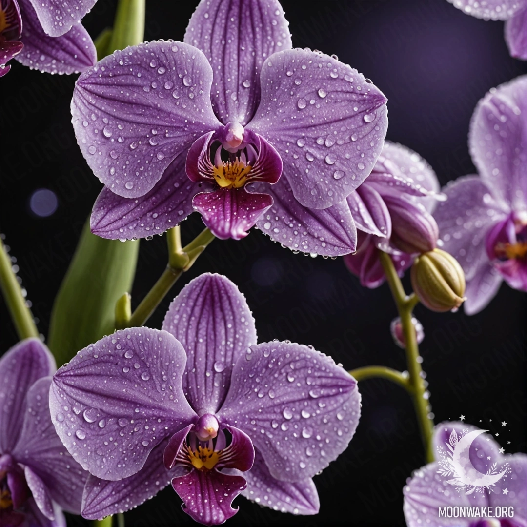 Peaceful Orchid at Night with Dew A peaceful orchid with dew drops, depicted in shades of lavender at night.