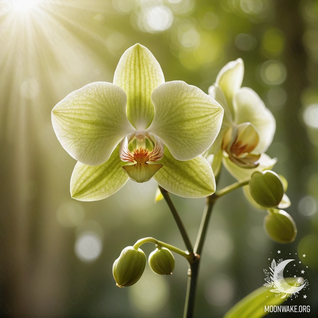A peaceful orchid surrounded by soft sunlight against a lime green background.