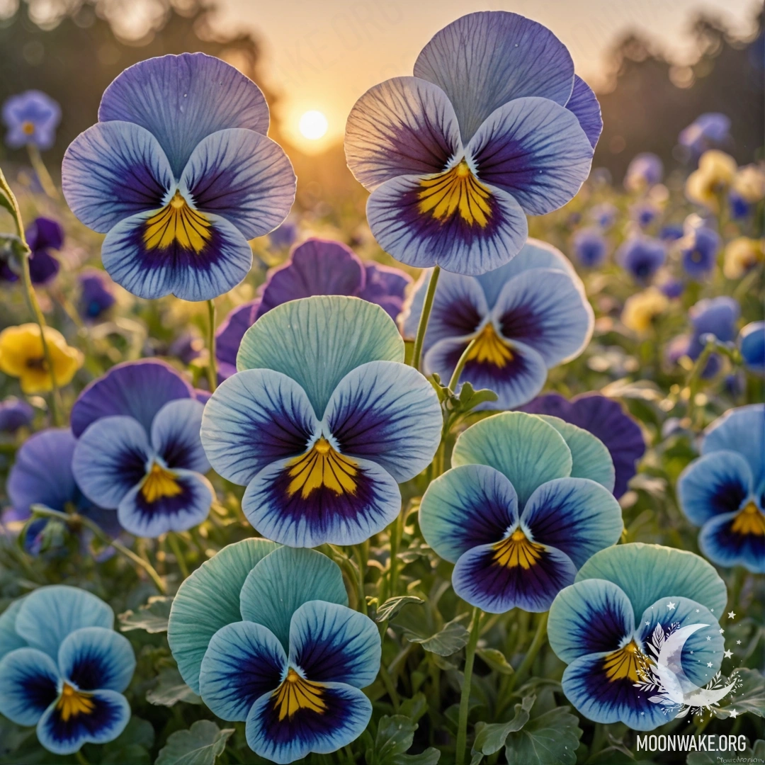 Peaceful Pansies at Sunset A watercolor painting of pansies in greenish-blue hues, set against a sunset background.