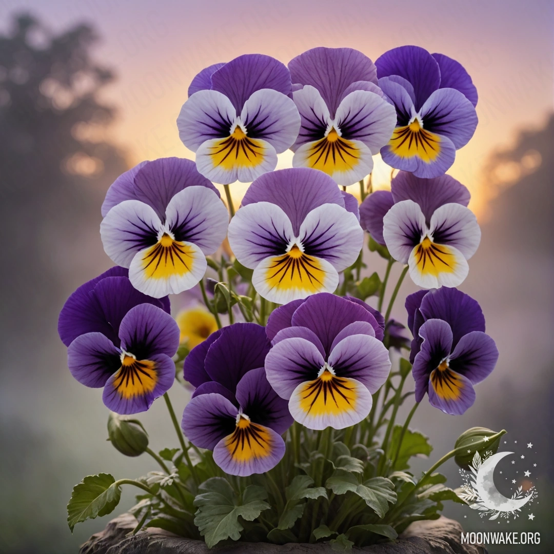 A bouquet of purple pansies enveloped in soft mist during sunset.