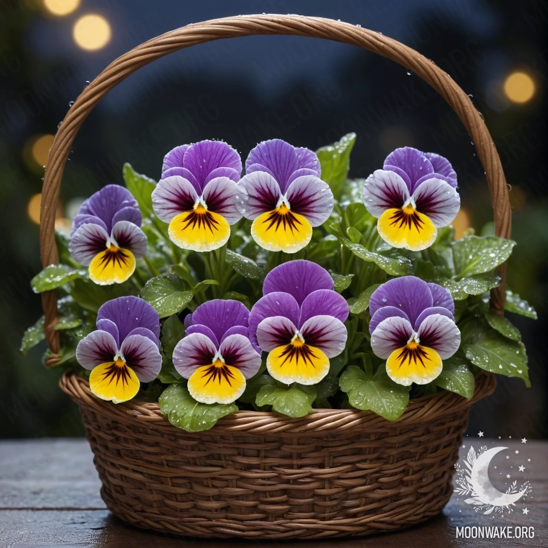 A serene basket of pansies with dew drops, colored in olive, at night.