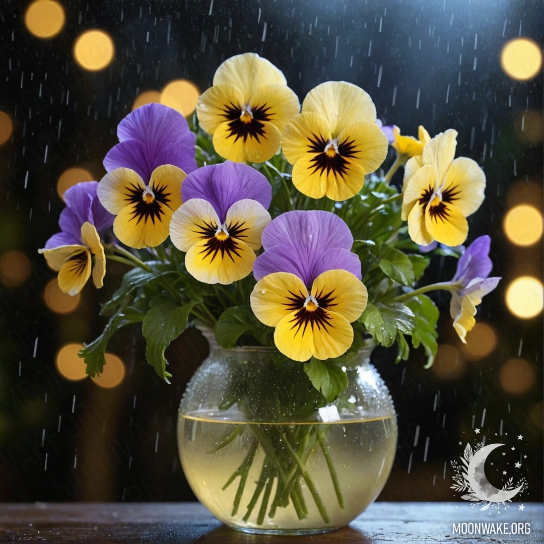 Peaceful Pansies in Rainy Night A vase of cream yellow pansies under the rain at night.