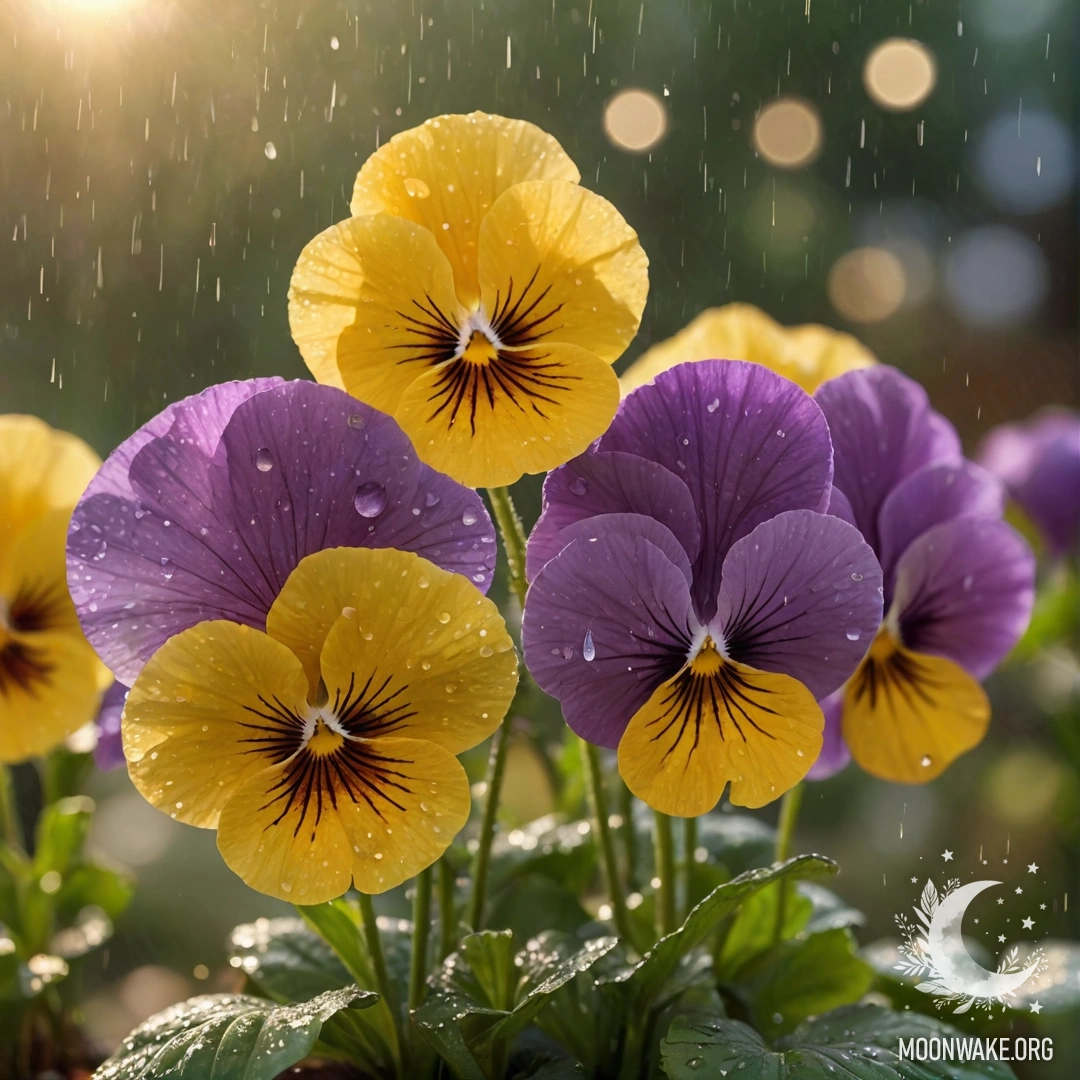 A close-up of yellow pansies with raindrops, set against a sunset sky.