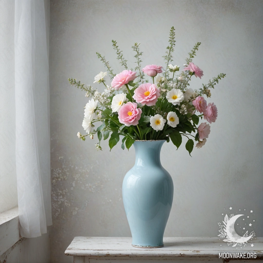 A shabby pastel blue vase holding white and pink flowers against a worn white wall, shrouded in dense fog.